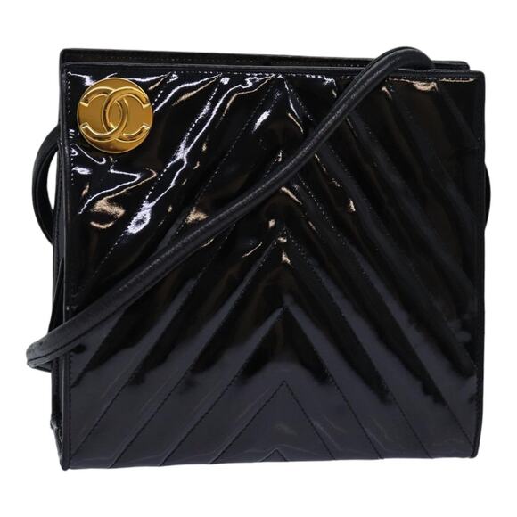 CHANEL V Stitch Coco Mark Shoulder Bag Enamel Black CC - Picture 1 of 16